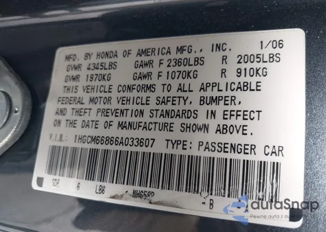 2006 Honda Accord 3.0 Ex из США, поврежденный, VIN 1HGCM66866A033607